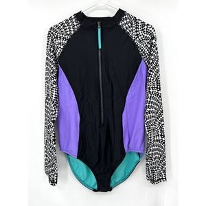 Speedo Rash Guard Swimsuit Zip Front Surf Long Sleeves XL Paddle EUC Teal Purple